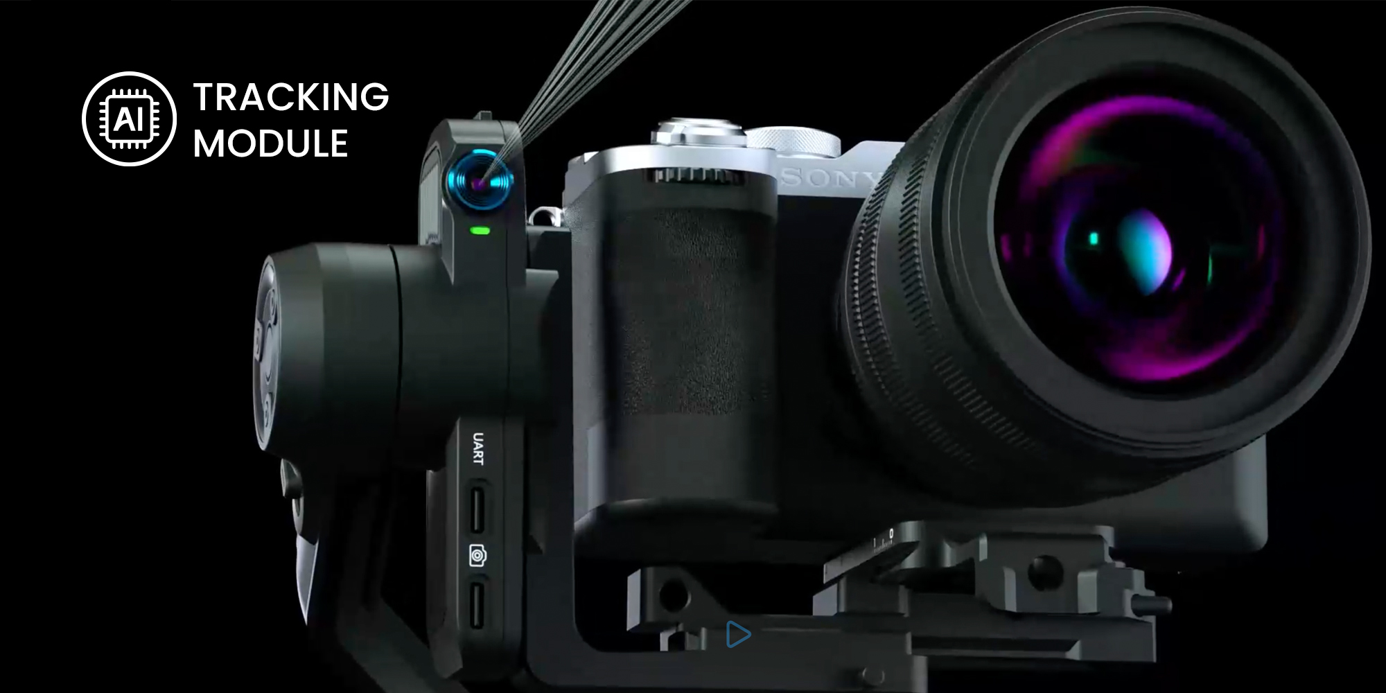 width=100% Gimbal ręczny FeiyuTech Scorp mini 3 Kit zdjęcie produktowe na czarnym tle prezentujące moduł śledzenia